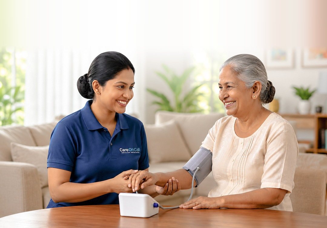 A Care On Call caregiver checking an elderly woman's blood pressure at home
