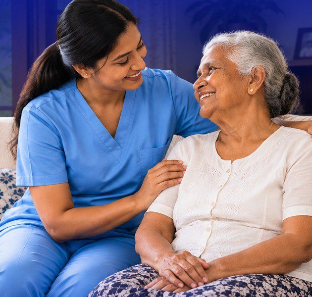 A caregiver sharing a warm moment with an elderly woman