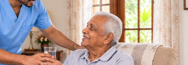 A caregiver offering an elderly man a glass of water